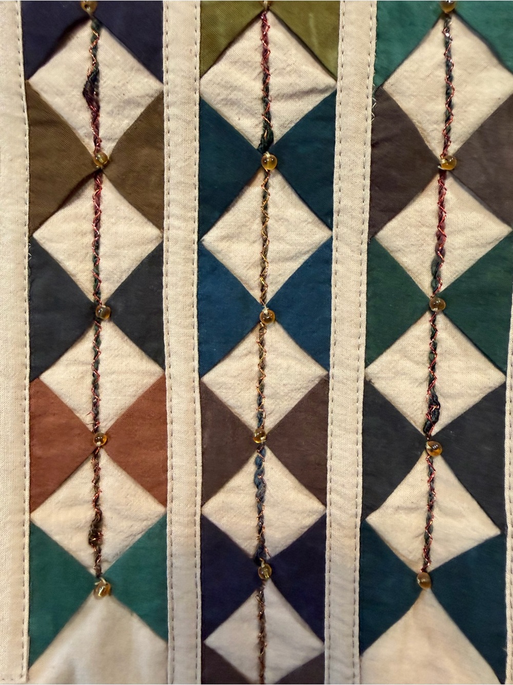 Handcrafted Geometric Quilted vest in Teal, Brown, Navy, Olive and Cream 2575 - Picture 3 of 6